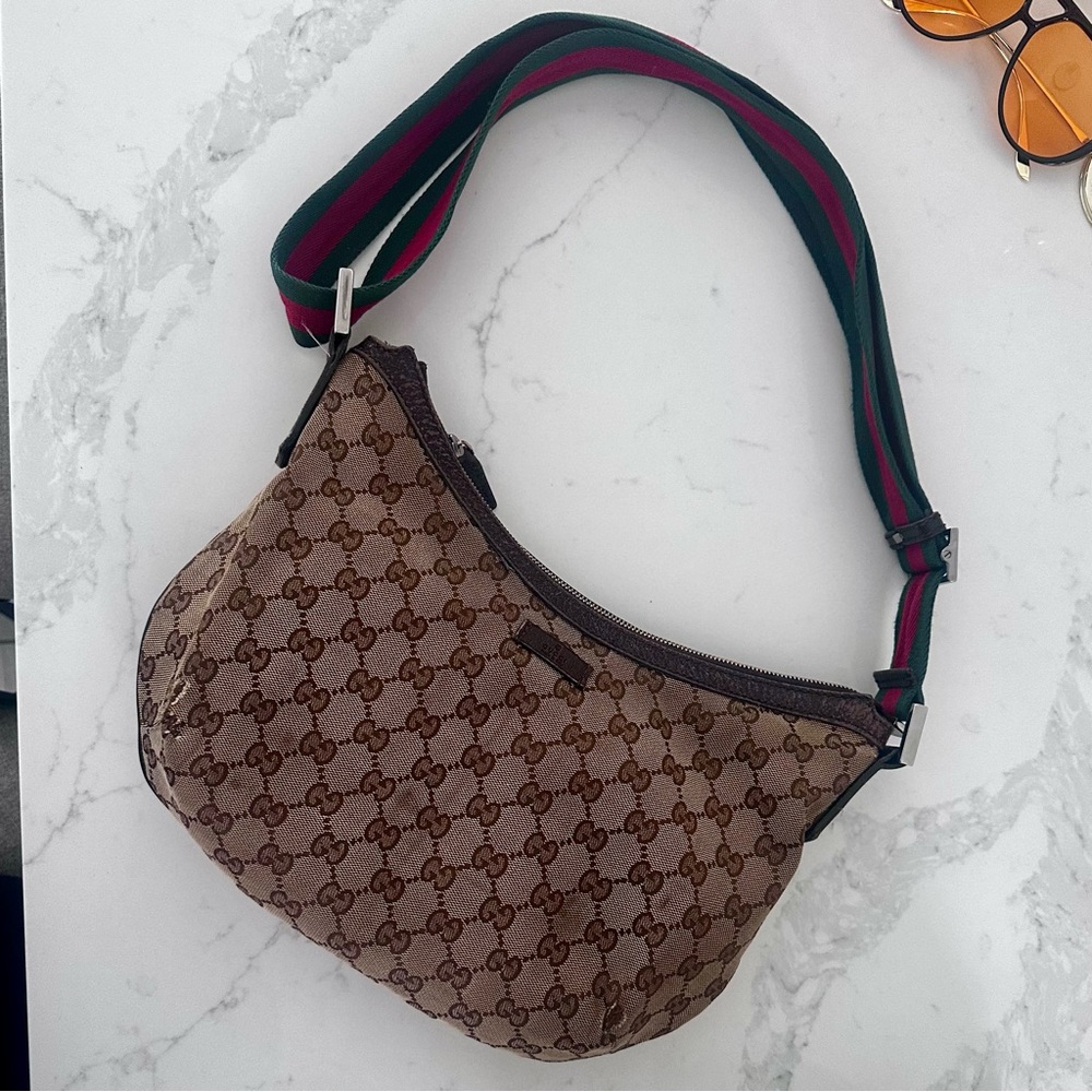 ✨ GUCCI Monogram Web Half Moon Hobo – Dark Brown ✨